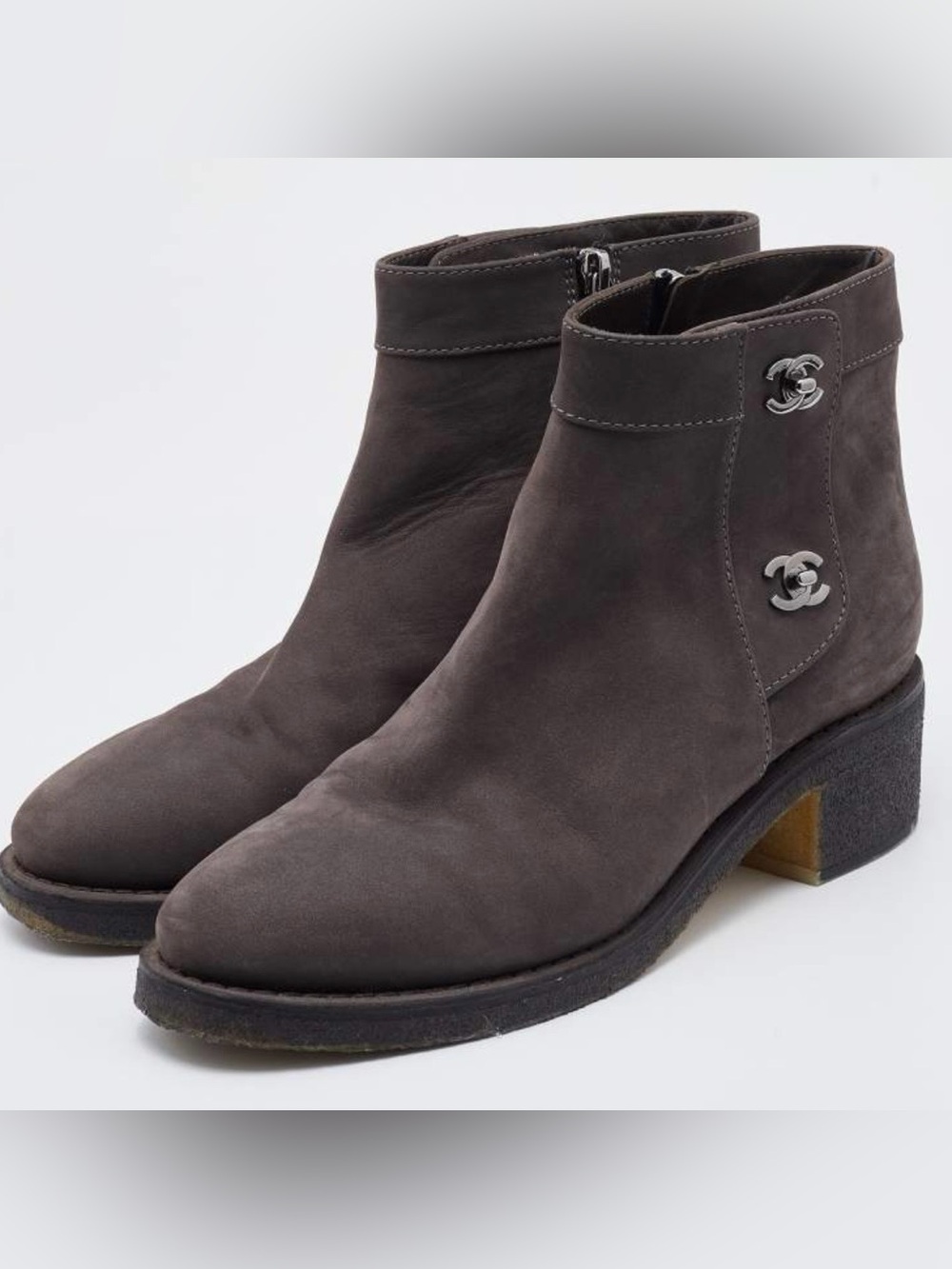 Chanel Grey Nubuck Leather CC Turnlock Ankle Boot